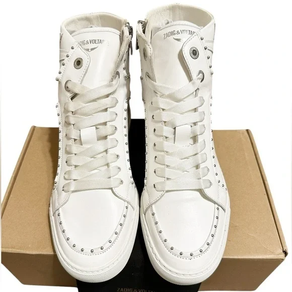 NIB ZADIG & VOLTAIRE High Flash Sneaker Studded High Top White Leather 41 US 10 - Picture 2 of 11